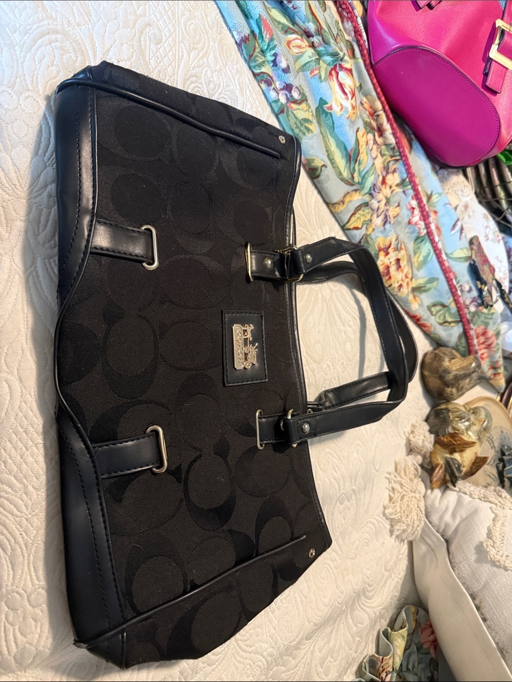Coach Black Signature Shoulder Tote with Gold Plaque